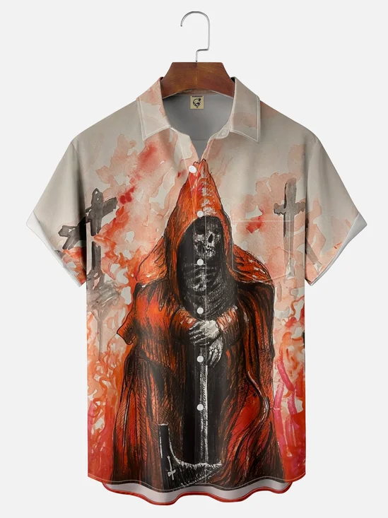 Moisture-wicking Art Bloody Skull Cross Chest Pocket Casual Shirt