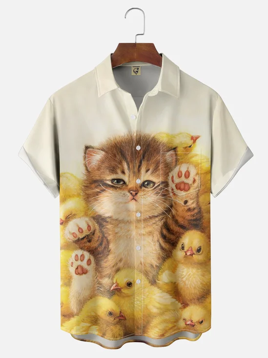 Moisture-wicking Art Fun Chick Cat Chest Pocket Casual Shirt