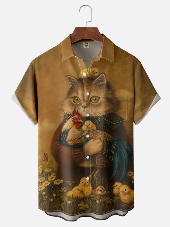 Moisture-wicking Art Fun Little Cock Cat Chest Pocket Casual Shirt