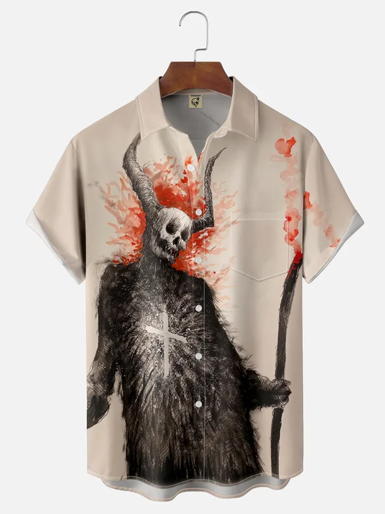 Moisture-wicking Art Skull Cross Chest Pocket Casual Shirt