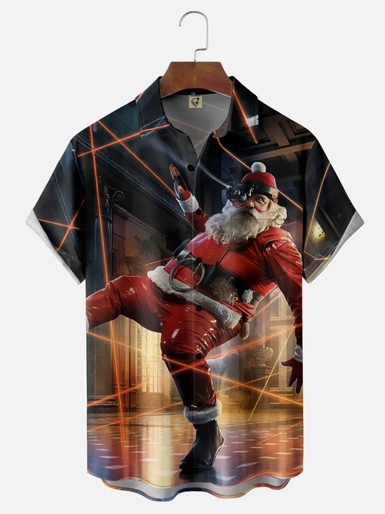 Moisture-Wicking Santa Claus Dodging Lasers Chest Pocket Hawaiian Shirt