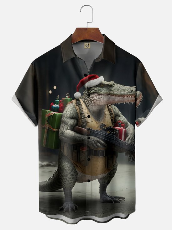 Moisture-Wicking Christmas Gradient Abstract Crocodile Santa Hat Chest Pocket Hawaiian Shirt