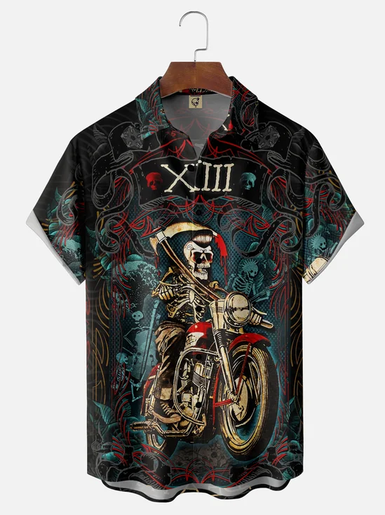 Moisture-wicking Halloween Skeleton Motorcycle Chest Pocket Casual Shirt