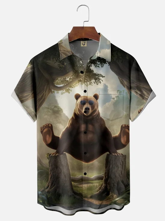 Moisture-wicking Bear Splits Chest Pocket Casual Shirt