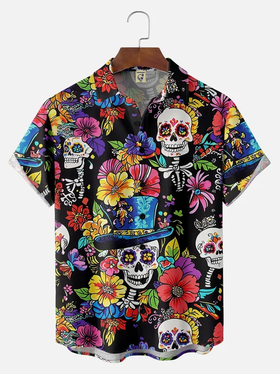 Big Size Moisture-wicking Day of the Dead Skull Chest Pocket Casual Shirt