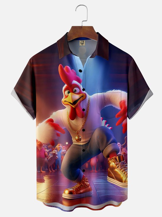 Moisture-Wicking Gradient Color Dancing Chicken Chest Pocket Hawaiian Shirt