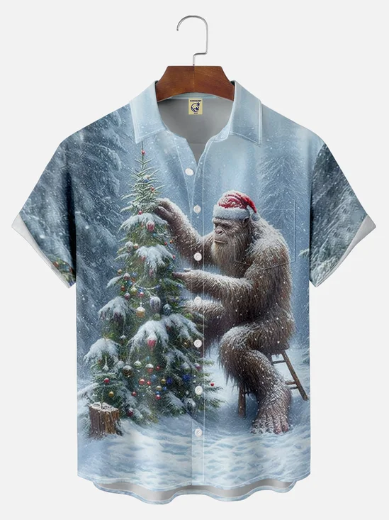 Big Size Moisture-wicking Christmas Bigfoot Chest Pocket Hawaiian Shirt