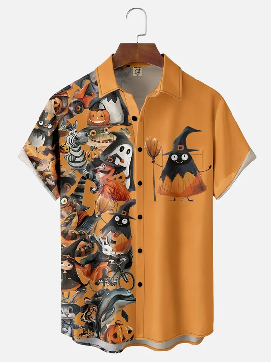 Moisture Wicking Halloween Pumpkin Flamingo Ghost Zebra Chest Pocket Hawaiian Shirt
