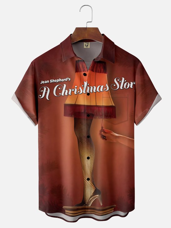 Moisture-Wicking Christmas Story Leg Lamp Chest Pocket Hawaiian Shirt