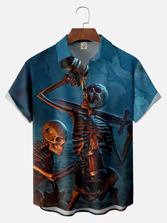 Big Size Moisture-wicking Skeleton Drinking Beer Chest Pocket Hawaiian Shirt