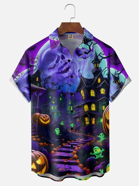 Moisture-Wicking Halloween Ghost Castle Pumpkin Chest Pocket Hawaiian Shirt