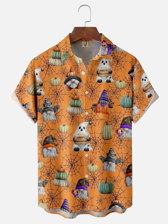 Moisture-Wicking Halloween Gnome Spider Web Pumpkin Chest Pocket Hawaiian Shirt