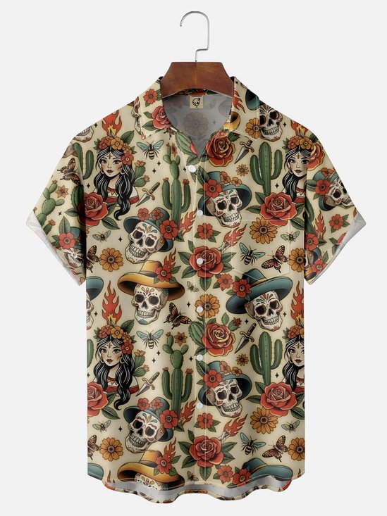 Moisture-wicking Day Of The Dead Skeletons Chest Pocket Casual Shirt