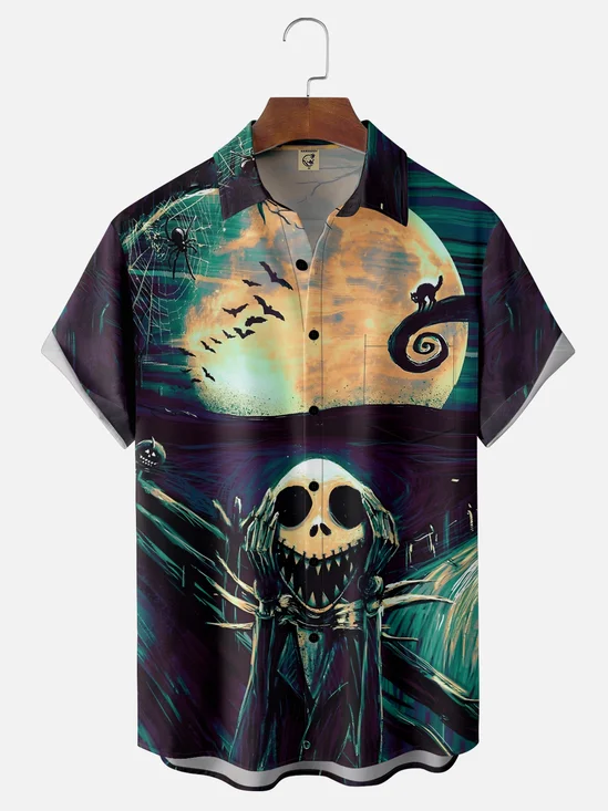 Tall Size Moisture Wicking Halloween Ghost Spider Black Cat Abstract Art Chest Pocket Hawaiian Shirt