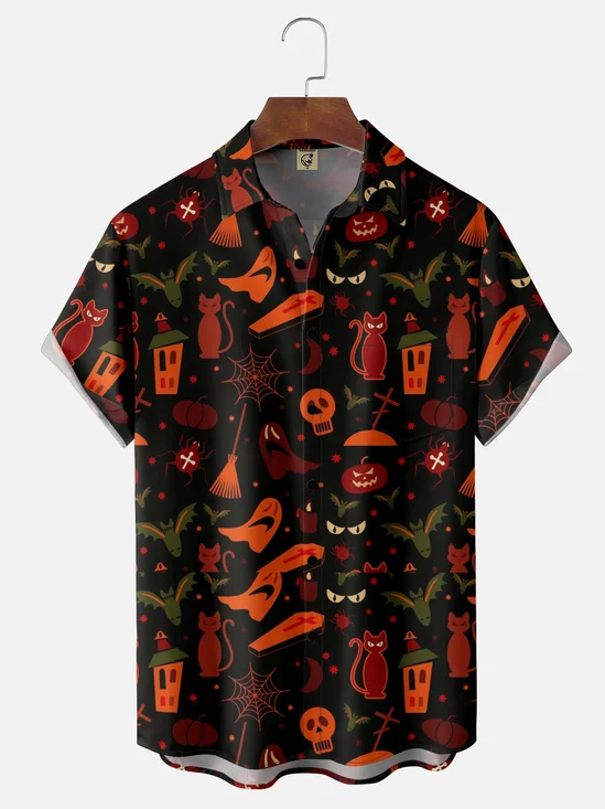 Moisture-wicking Halloween Ghost Skull Pumpkin Cat Chest Pocket Casual Shirt