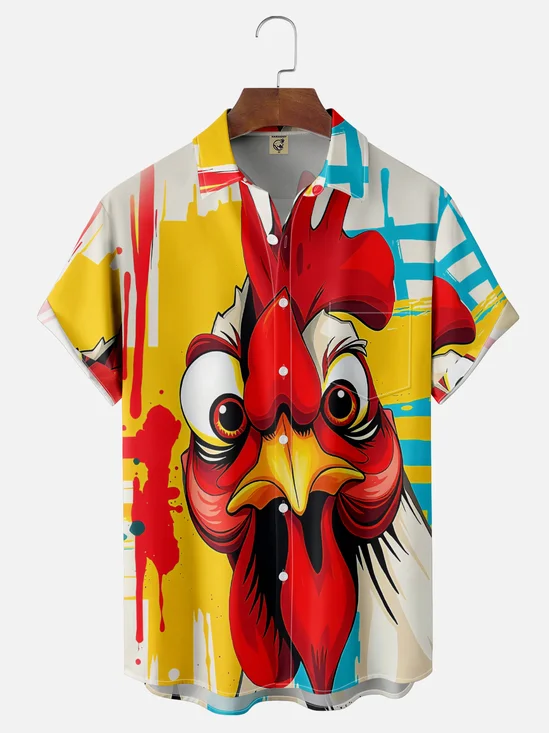 Moisture-Wicking Abstract Geometric Fun Chicken Chest Pocket Hawaiian Shirt