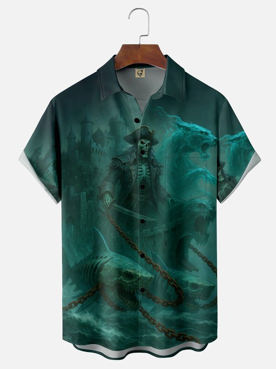 Moisture-wicking Pirate Ship Skeleton Shark Chest Pocket Casual Shirt