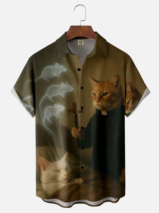 Moisture-wicking Cat Cross Chest Pocket Casual Shirt