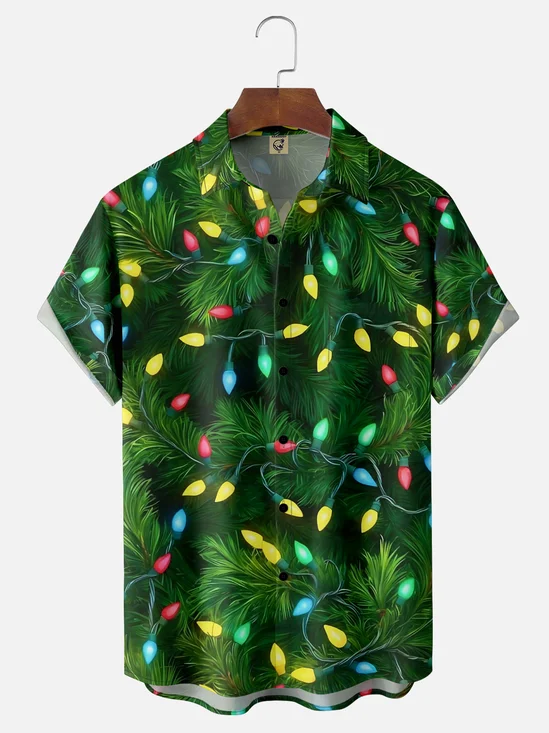 Moisture-Wicking Christmas Tree Lights Chest Pocket Hawaiian Shirt