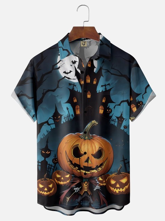 Moisture-wicking Halloween Pumpkin Castle Chest Pocket Casual Shirt