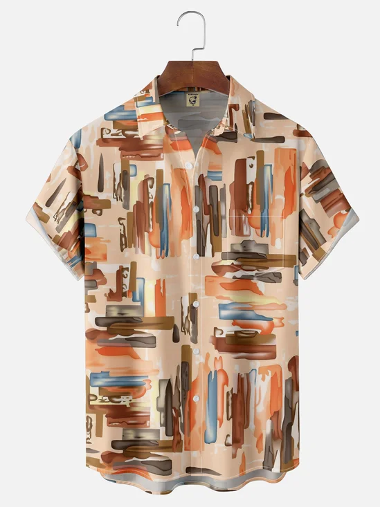 Moisture-wicking Artistic Geometric Stripes Chest Pocket Casual Shirt