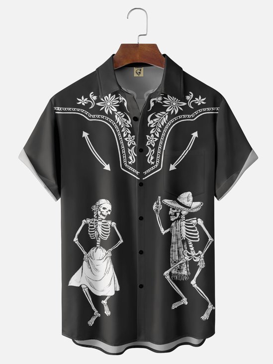 Moisture-wicking Day Of The Dead Skeleton Chest Pocket Casual Shirt