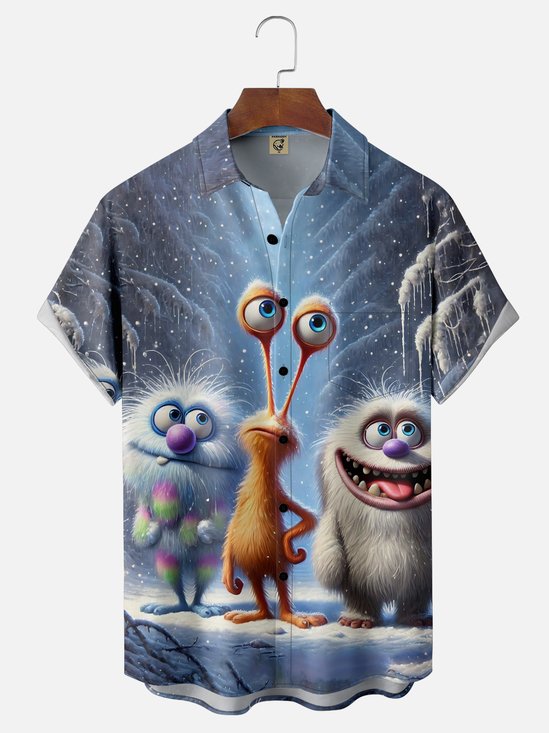 Moisture-Wicking Funny Fur Ball Monster Chest Pocket Hawaiian Shirt