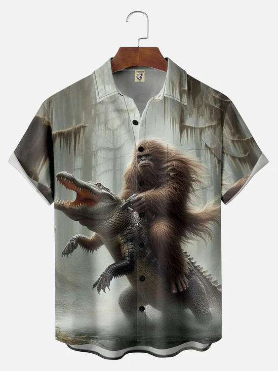 Big Size Moisture-wicking Bigfoot vs Alligator Chest Pocket Hawaiian Shirt