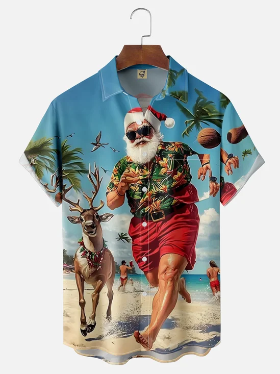 Moisture-Wicking Christmas Santa Claus Beach Vacation Chest Pocket Hawaiian Shirt
