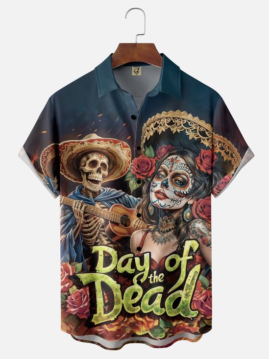 Moisture-wicking Day Of The Dead Skeleton Guitar Chest Pocket Casual Shirt