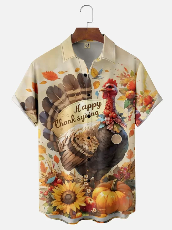 Moisture-Wicking Thanksgiving Turkey Chest Pocket Hawaiian Shirt