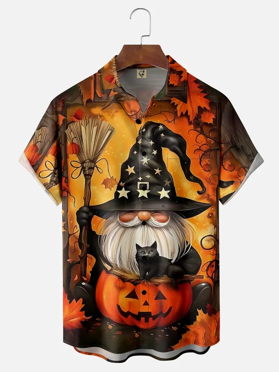 Moisture-Wicking Halloween Pumpkin Gnome Chest Pocket Hawaiian Shirt