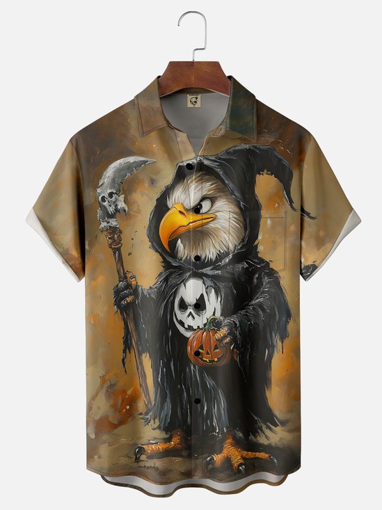 Moisture-Wicking Halloween Wizard Eagle Chest Pocket Hawaiian Shirt