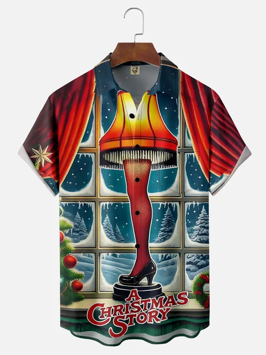 Moisture-Wicking Christmas Christmas Story Leg Lamp Chest Pocket Hawaiian Shirt