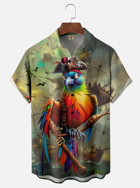 Moisture-Wicking Gradient Pirate Parrot Sailboat Chest Pocket Hawaiian Shirt