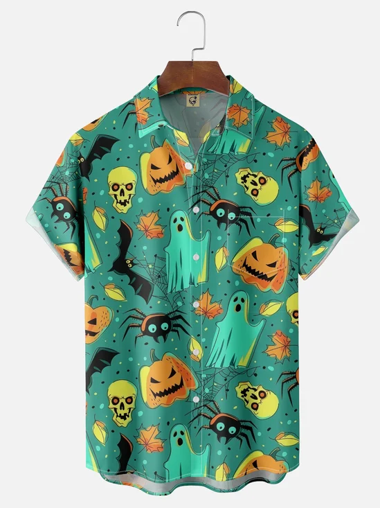 Moisture-wicking Halloween Pumpkin Skull Spider Chest Pocket Casual Shirt