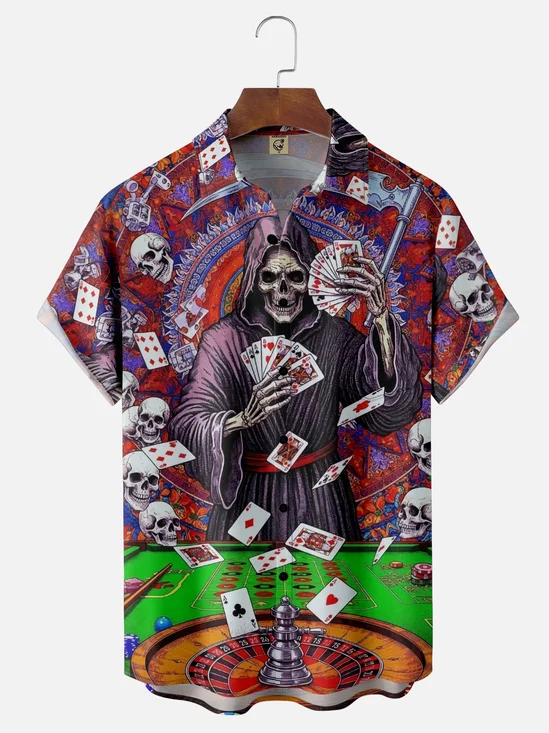 Moisture-wicking Halloween Skeleton Poker Roulette Chest Pocket Casual Shirt