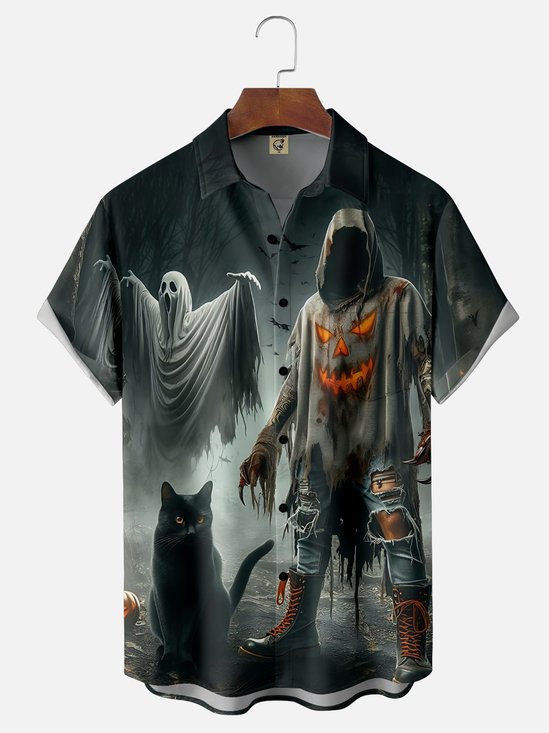 Moisture-Wicking Halloween Ghost Cat Chest Pocket Hawaiian Shirt