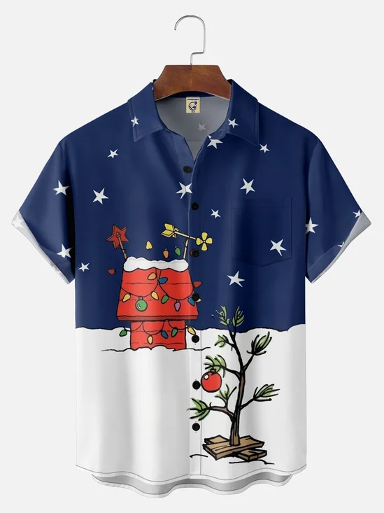 Big Size Moisture-wicking Charlie's Christmas Tree And Doghouse Chest Pocket Hawaiian Shirt