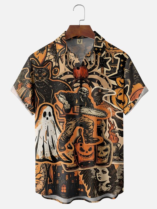 Moisture Wicking Halloween Chainsaw Zombie Pumpkin Ghost Chest Pocket Hawaiian Shirt