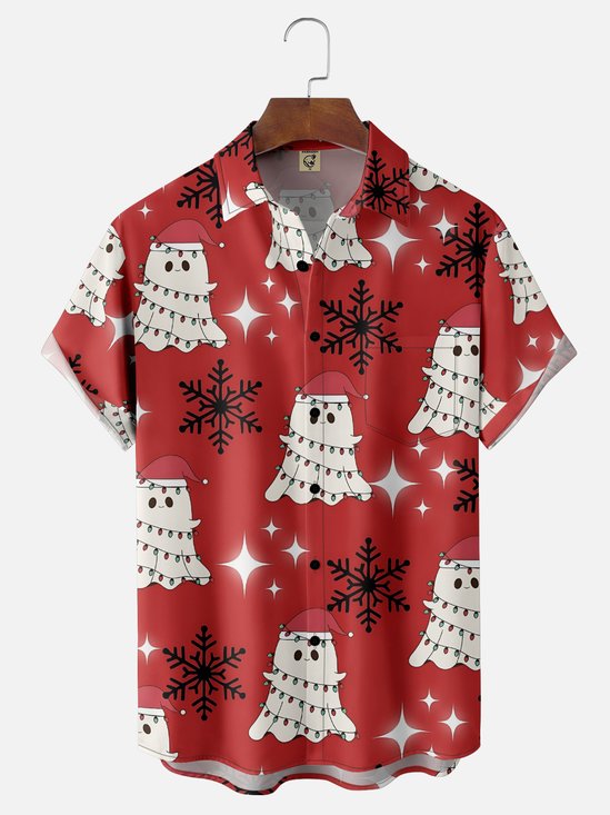 Moisture-Wicking Christmas Ghost Lights Chest Pocket Hawaiian Shirt