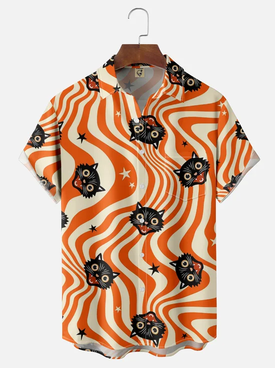 Moisture-Wicking Halloween Black Cat Abstract Geometric Chest Pocket Hawaiian Shirt