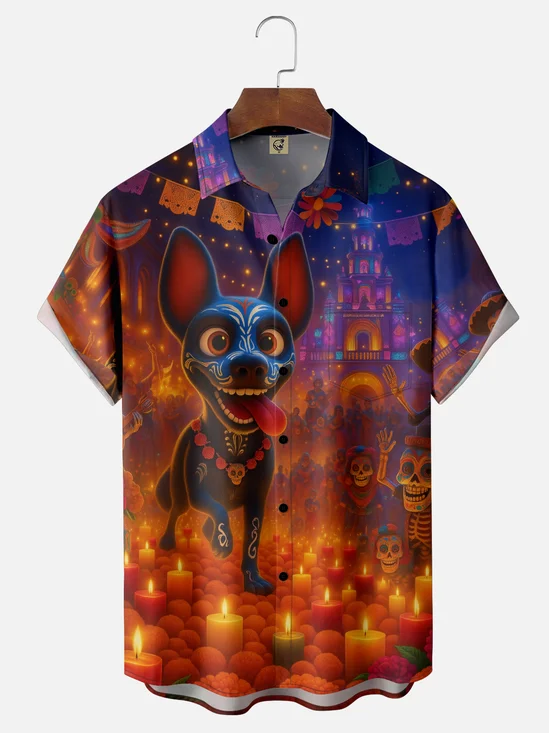 Moisture-wicking Day Of The Dead Mexican Hairless Dog Chest Pocket Casual Shirt