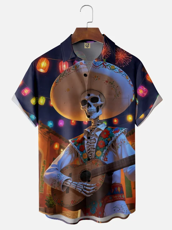 Moisture-wicking Day Of The Dead Skeleton Guitar Chest Pocket Casual Shirt