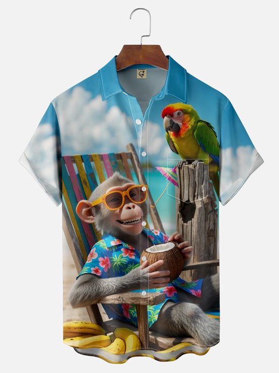 Moisture-wicking Parrot Monkey Chest Pocket Hawaiian Shirt