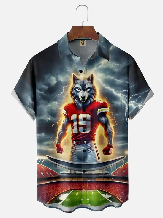 Moisture-wicking Wolf Football Sports Chest Pocket Casual Shirt