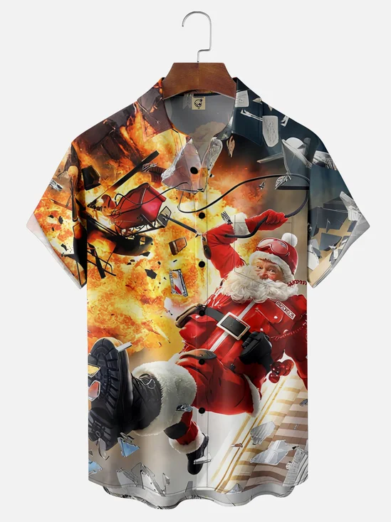 Moisture-Wicking Exploding Santa Chest Pocket Hawaiian Shirt