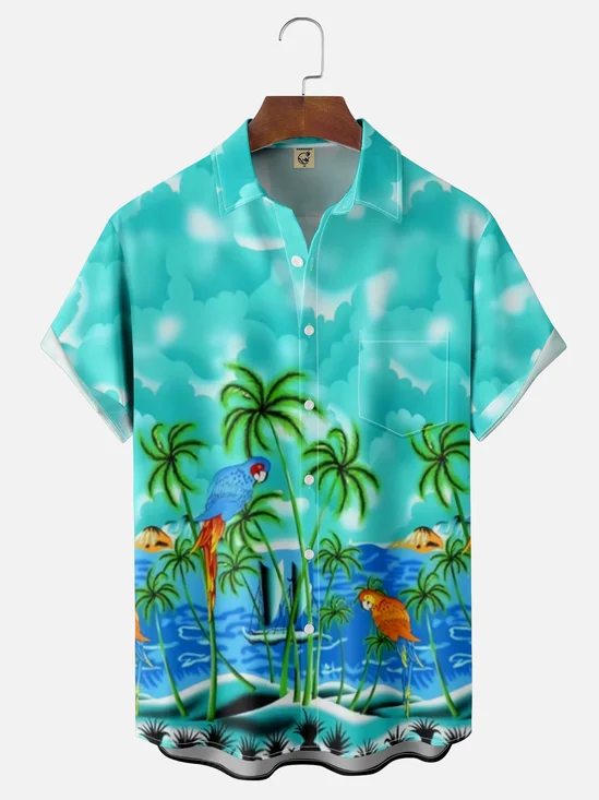 Moisture-Wicking Gradient Coconut Tree Parrot Chest Pocket Hawaiian Shirt