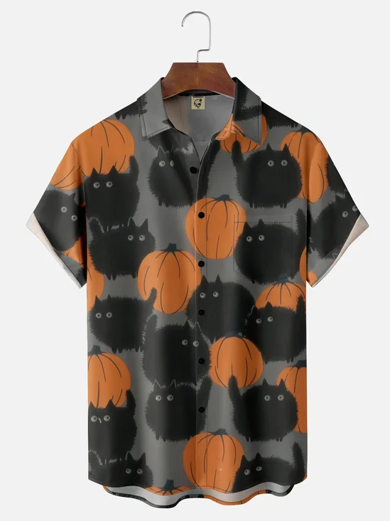 Moisture-wicking Halloween Pumpkin Cat Chest Pocket Casual Shirt