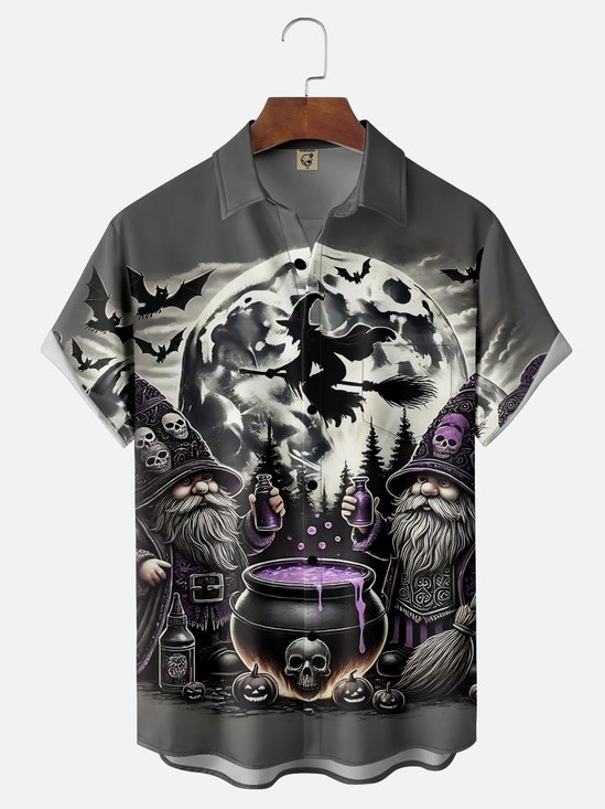 Moisture-Wicking Halloween Witch Midget Rock Guitar Chest Pocket Hawaiian Shirt